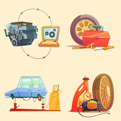 Auto service garage center for fixing cars and trucks 4 cartoon  retro icons set abstract vector illustration