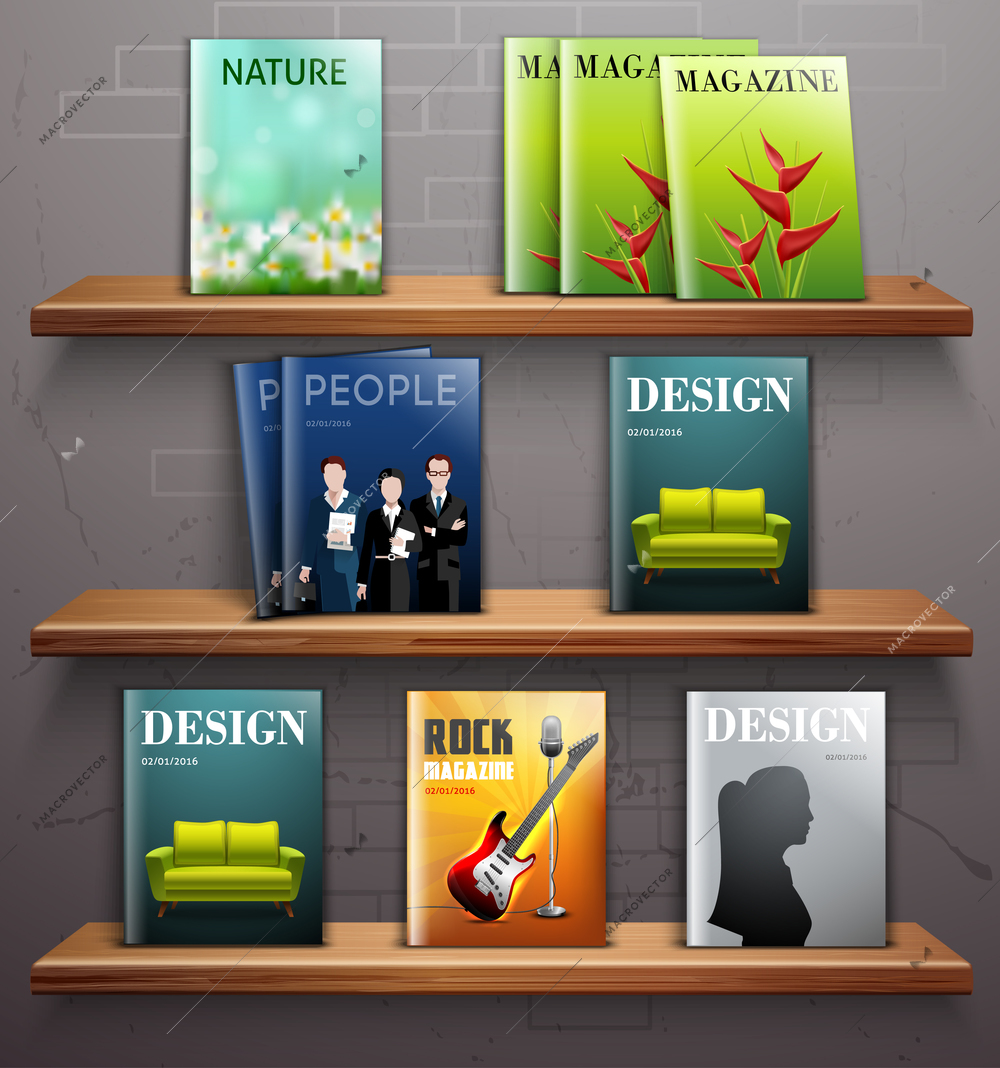 Magazines and textbooks on 3d bookstore shelves realistic vector illustration