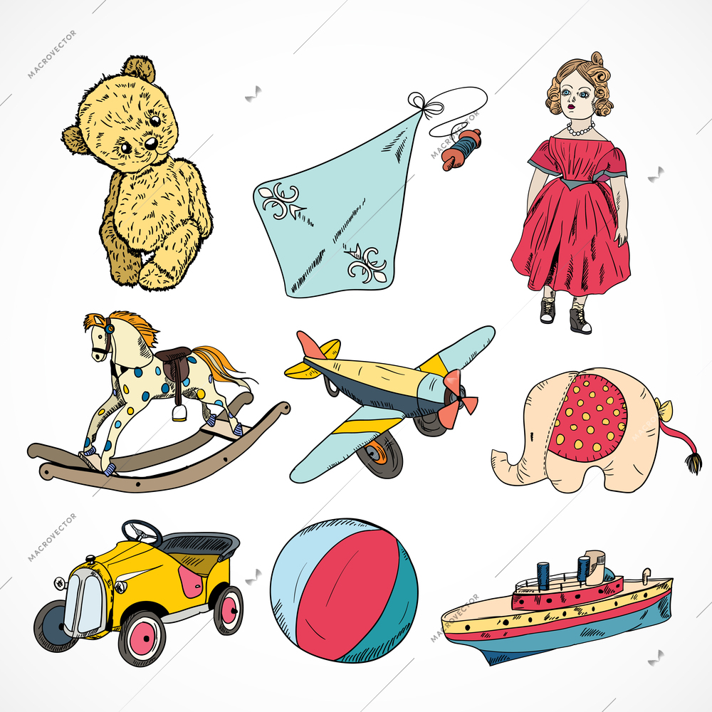 Decorative children toys sketch icons set of steamship kite rocking horse ball isolated vector illustration