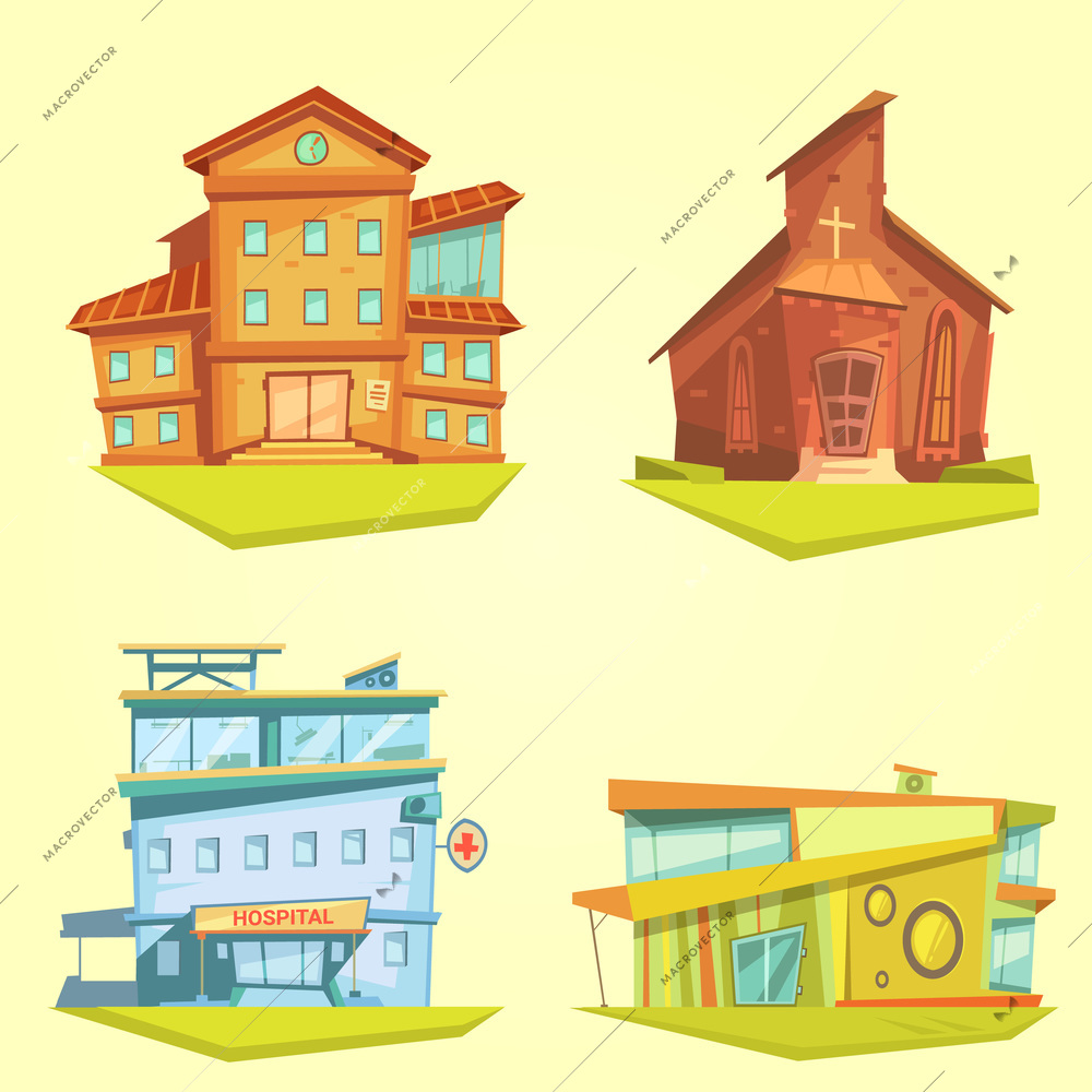 Building cartoon set with hospital church and school on yellow background isolated vector illustration