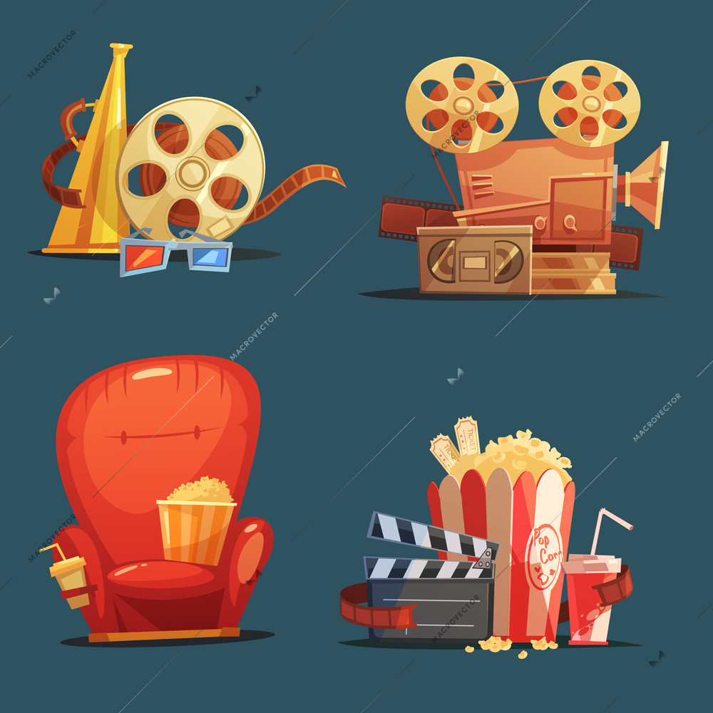 Cinema symbols 4 retro style icons composition with clapboard camera and movie theater seat cartoon isolated illustration