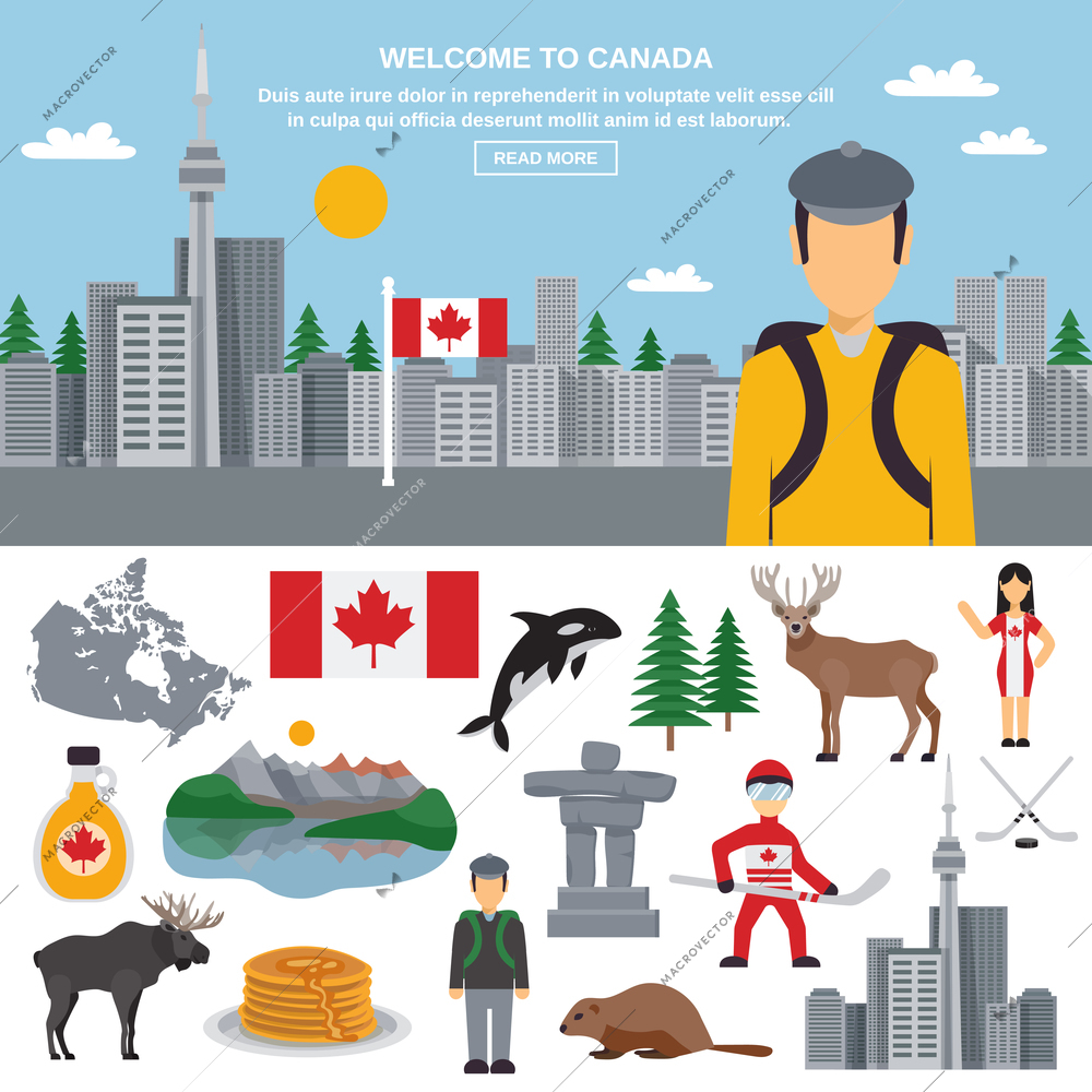 Canada flat icon set with national emblem symbols of the country and decorative cityscape with the tourist above vector illustration