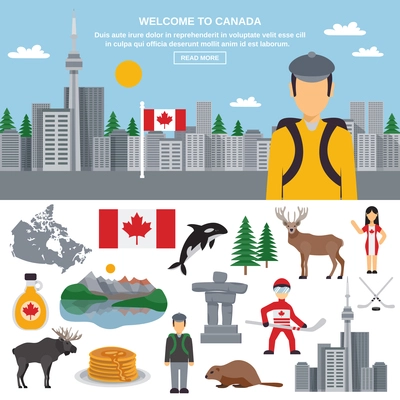 Canada flat icon set with national emblem symbols of the country and decorative cityscape with the tourist above vector illustration