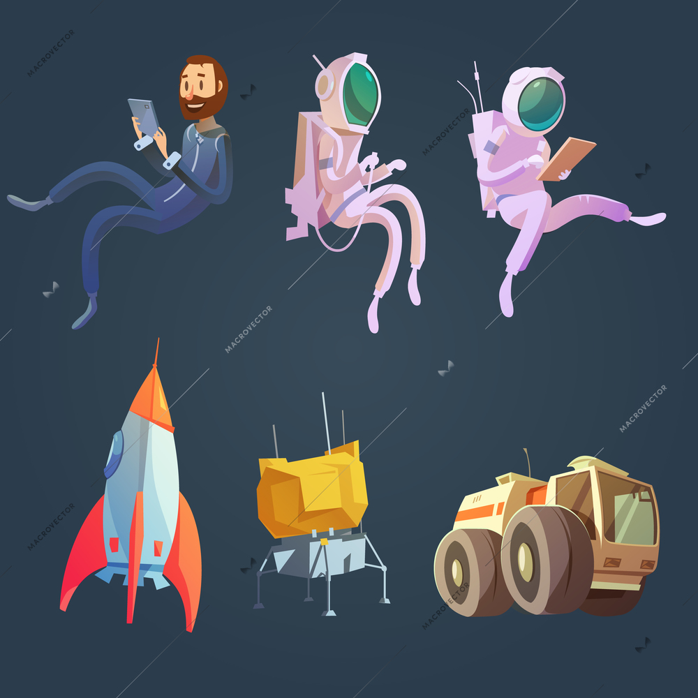 Outer space cartoon set with spaceship and astronautics symbols isolated vector illustration