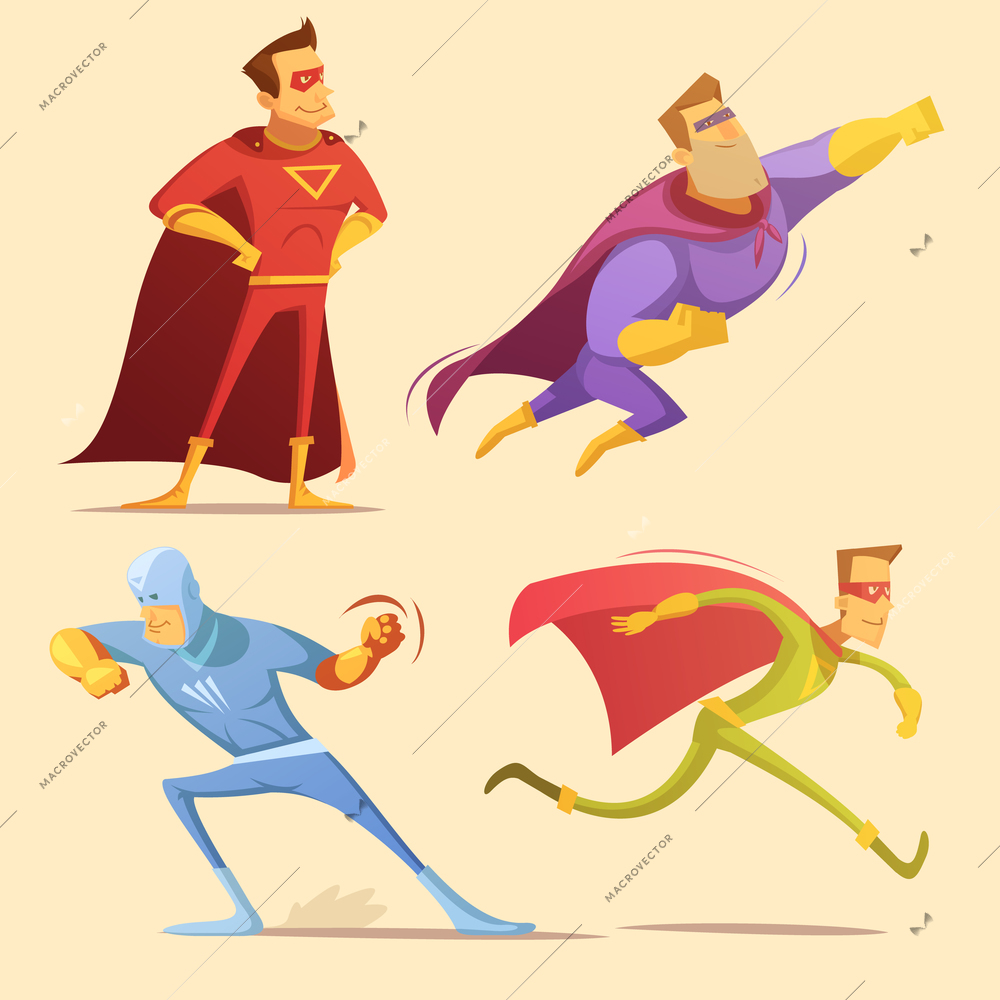 Superhero cartoon icons set with superman on yellow background isolated vector illustration