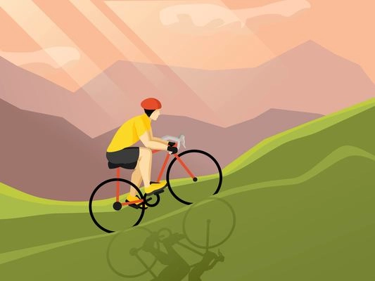 Cyclist flat figure poster riding up the mountain by landscape and flashing sunlights background vector illustration