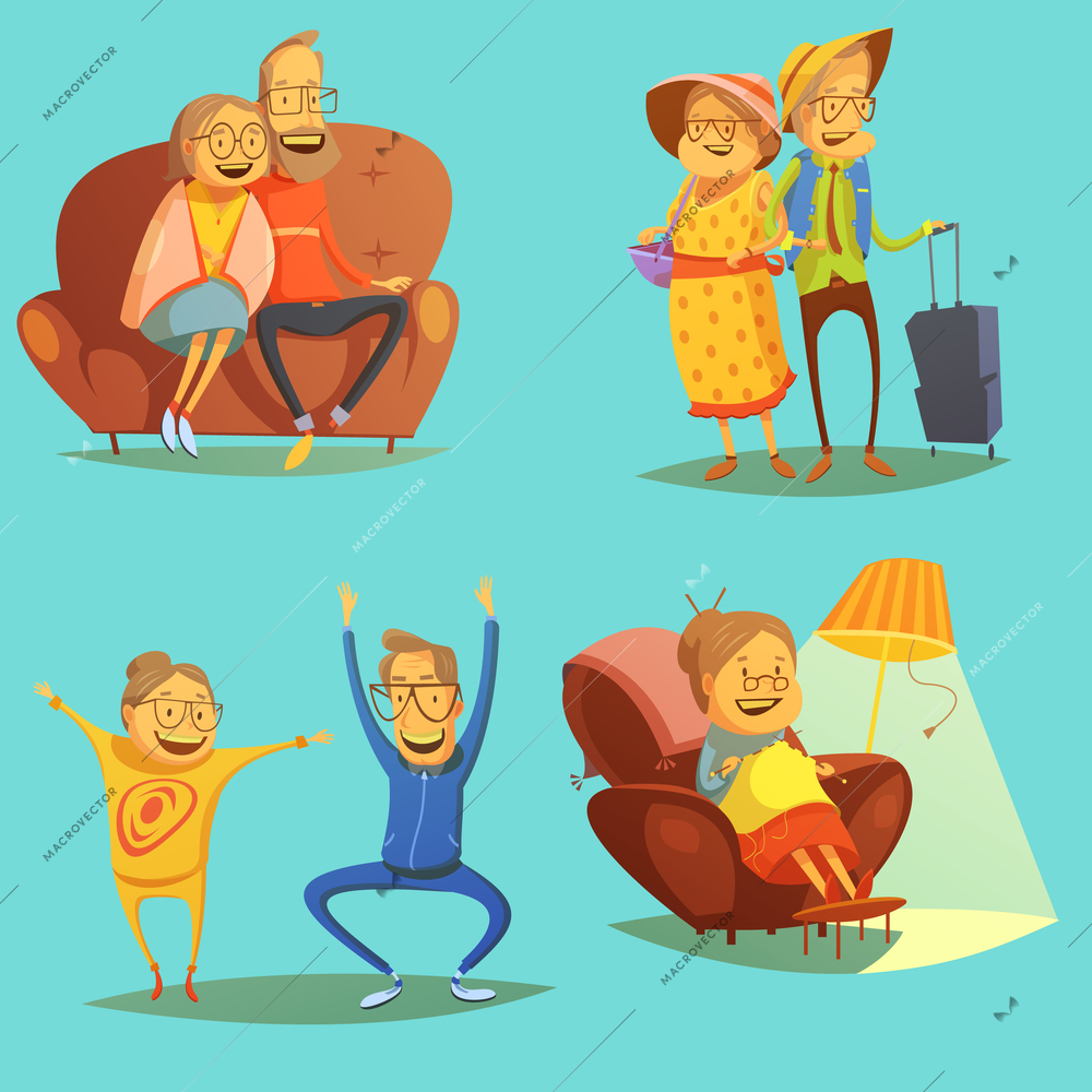 Senior people icons set with pastimes symbols on blue background cartoon isolated vector illustration