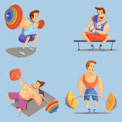 Gym cartoon icons set with weightlifting symbols on blue background isolated vector illustration