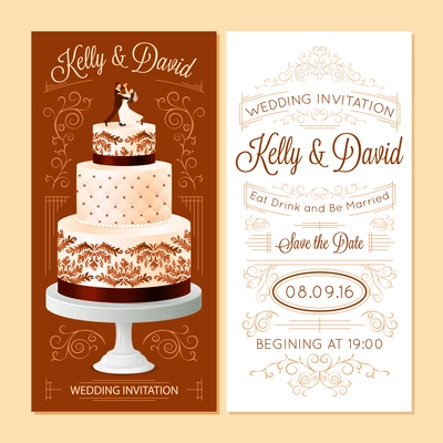 Wedding invitation realistic vertical banners set with a big cake isolated vector illustration