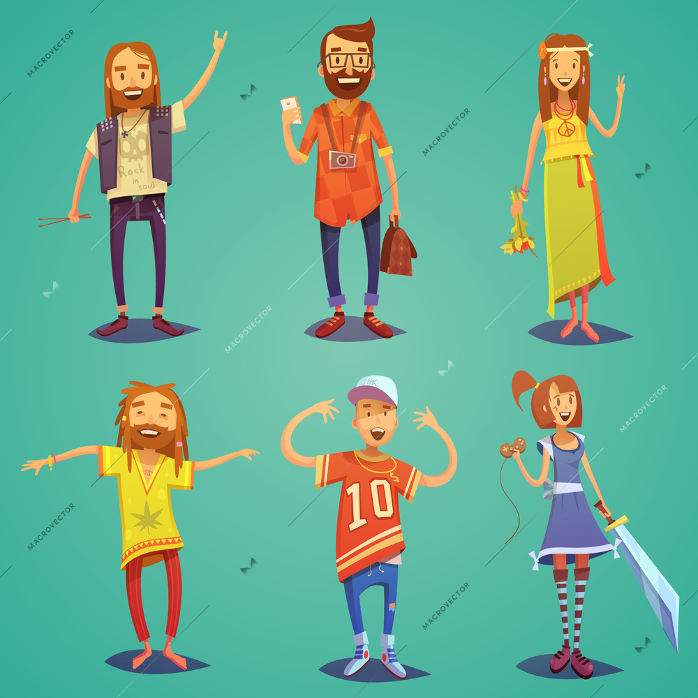 Subculture happy people figures collection dressed in hipsters style clothing with retro accessories abstract cartoon isolated illustration