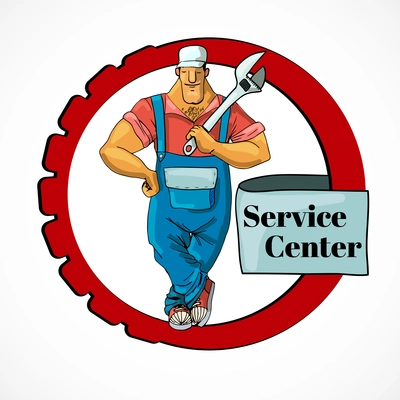 Muscular plumber service center worker in frame with monkey wrench character vector illustration