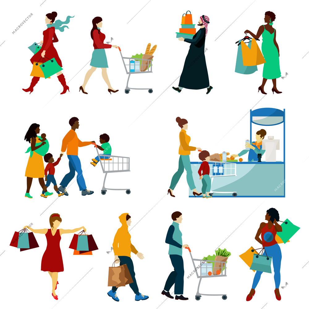 Shopping People Icons Set. Shopping People Vector Illustration. Shopping And People Decorative Set.  Shopping Design Set.Shopping Flat  Isolated Set.