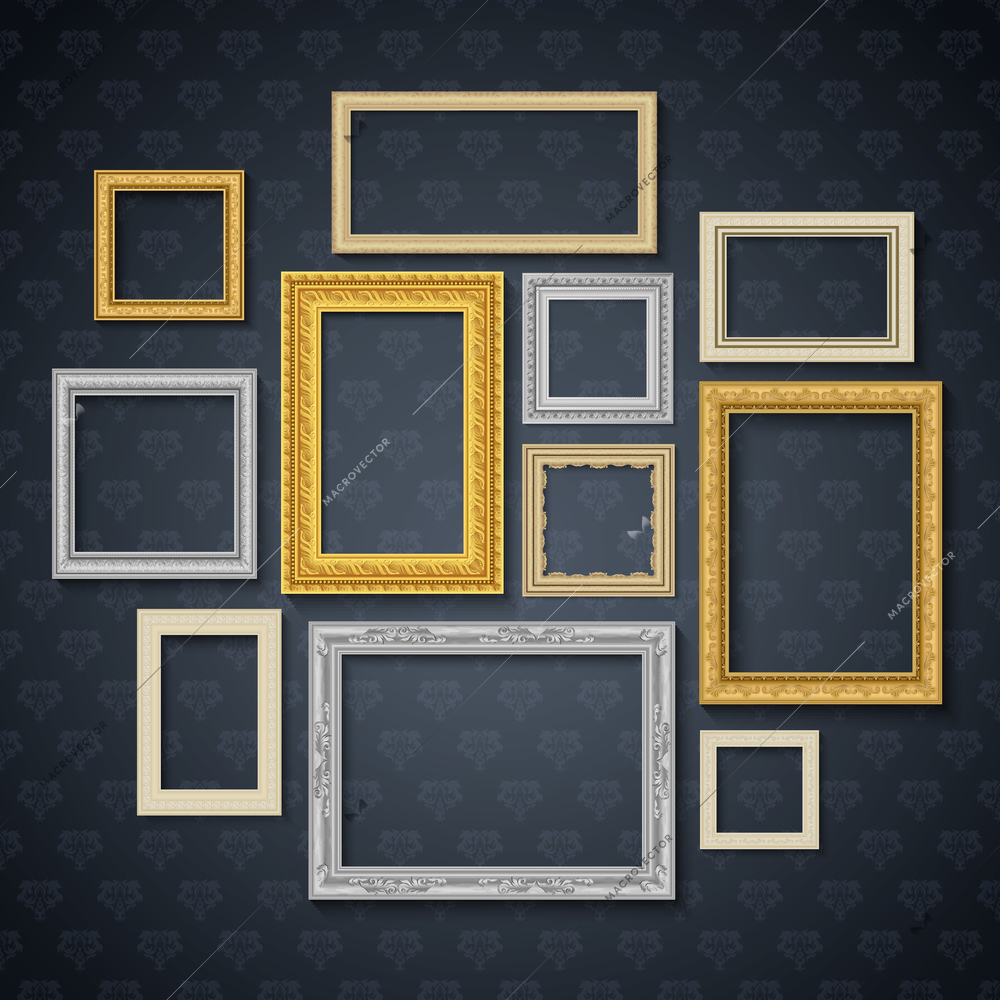 Vintage traditional realistic frames set on dark wall isolated vector illustration