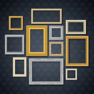 Vintage traditional realistic frames set on dark wall isolated vector illustration