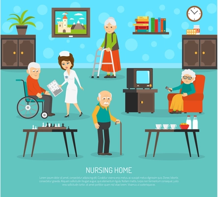 Gerontology nursing flat poster with personal skilled assistant aid  in old people home flat poster abstract vector illustration