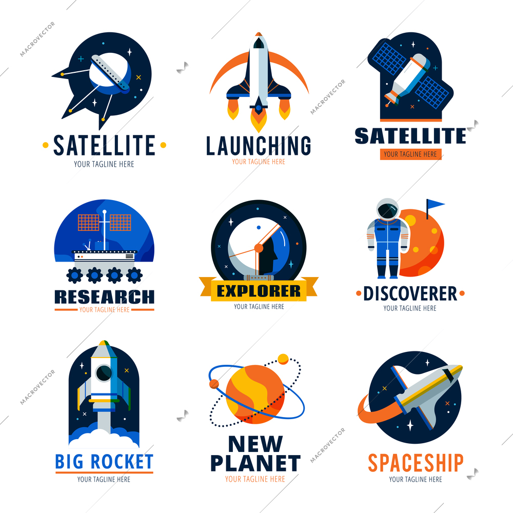 Space logo emblems set  with satellite ship and new planet discoverer vector illustration