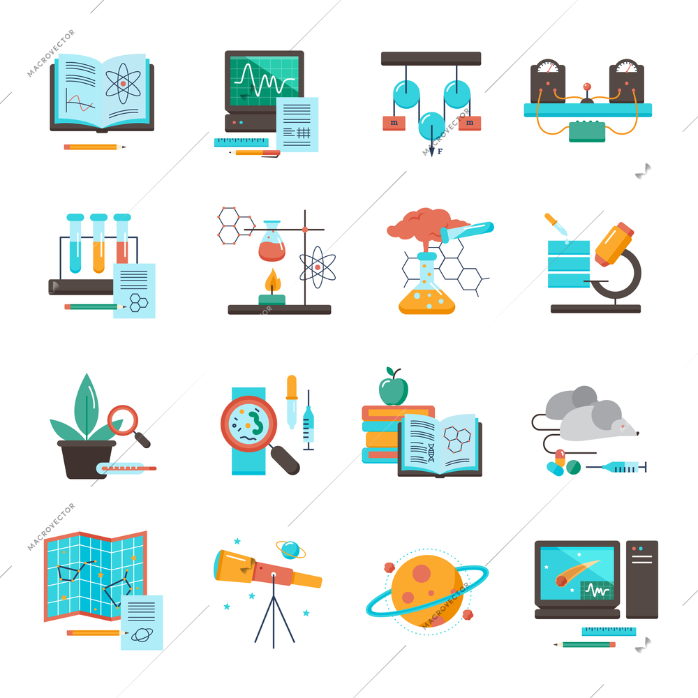 Science equipment icon set  for chemistry biology astronomy medicine vector illustration