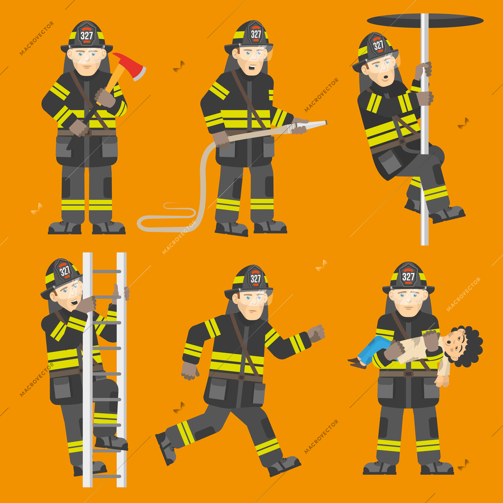 Fireman in black uniform climbing ladder rescuing child quenching fire 6 flat figures collection abstract vector illustration