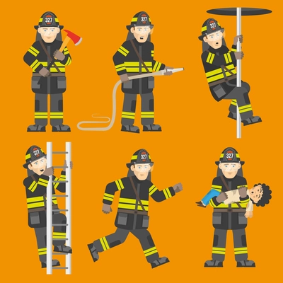 Fireman in black uniform climbing ladder rescuing child quenching fire 6 flat figures collection abstract vector illustration