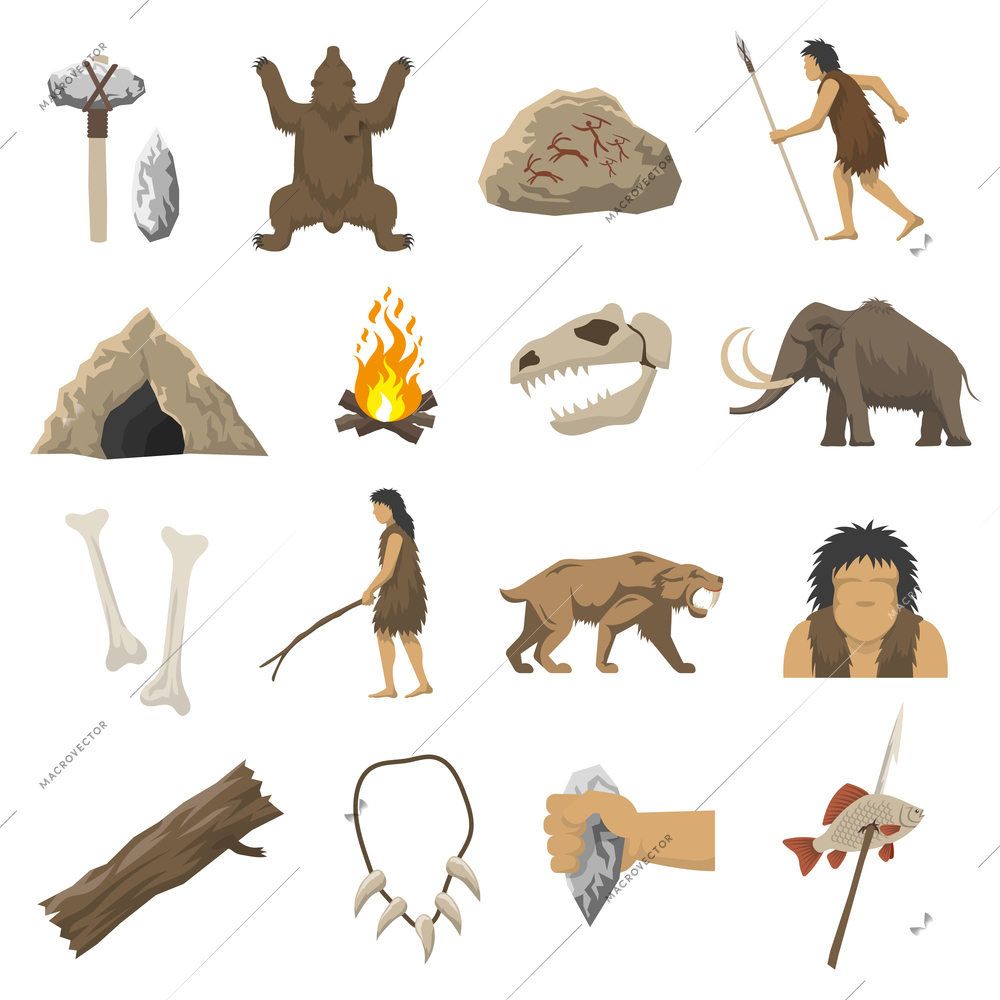 Set color icons with elements of life in stone age caveman cave bonfire mammoth bone isolated vector illustration