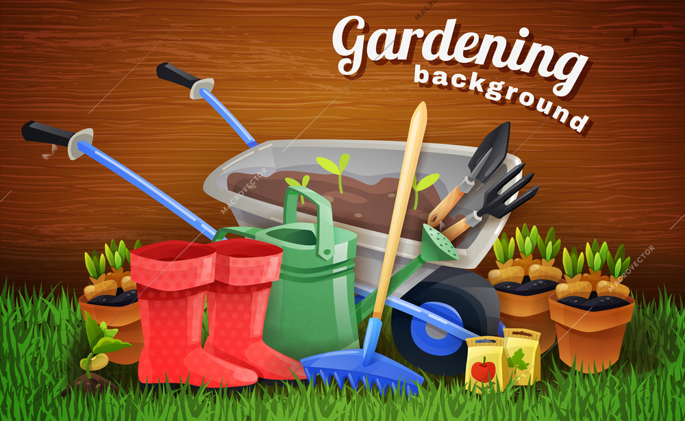 Colorful gardening background with farm tools handcart rubber boots watering can and pots with seedlings on green grass flat vector illustration