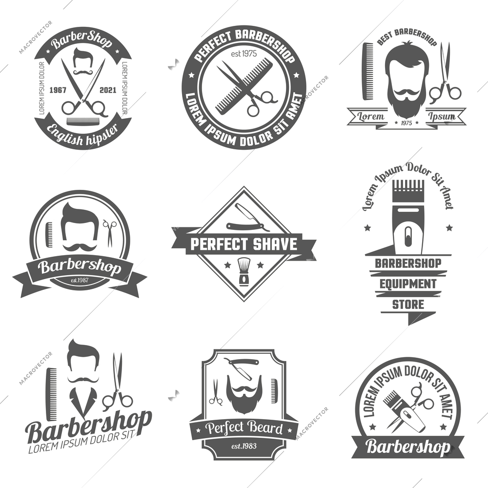 Collection original grey sign of barber shop for emblem or logo with white background isolated vector illustration