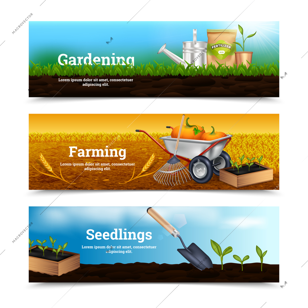 Three farming horizontal banners with gardening tools and materials for planting at village landscape background vector illustration