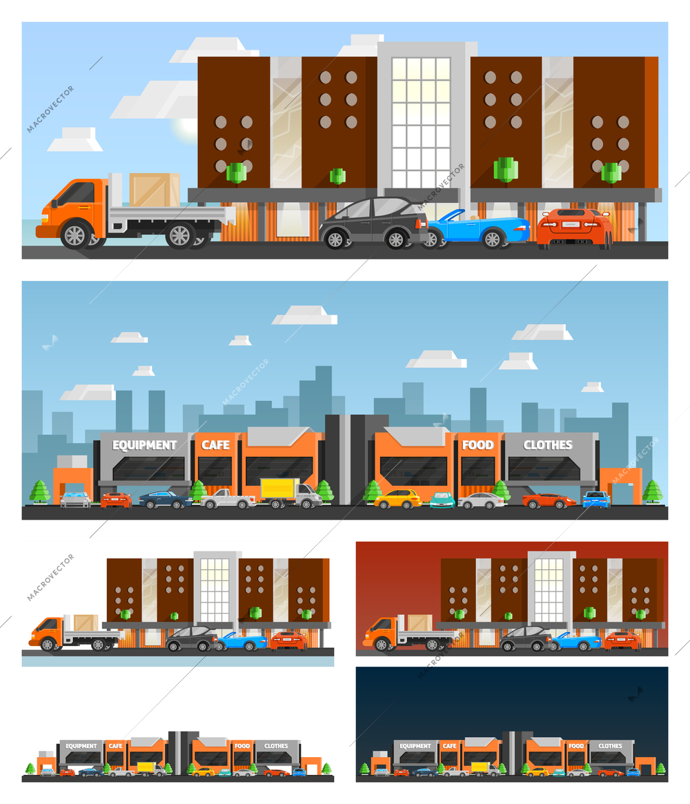 Shopping mall and city orthogonal compositions set with food and clothes symbols flat isolated vector illustration