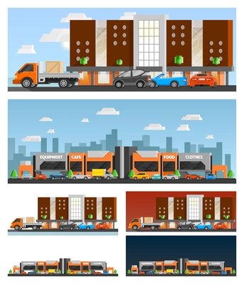 Shopping mall and city orthogonal compositions set with food and clothes symbols flat isolated vector illustration