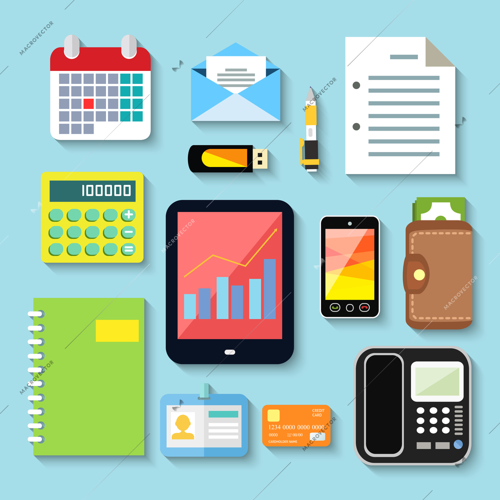 Business items and mobile devices set of tablet phone notebook plastic card vector illustration