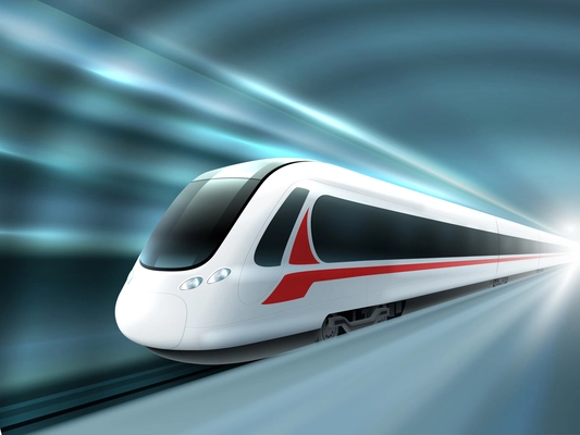 Super streamlined high speed train station tunnel with motion light effect background realistic poster print vector illustration