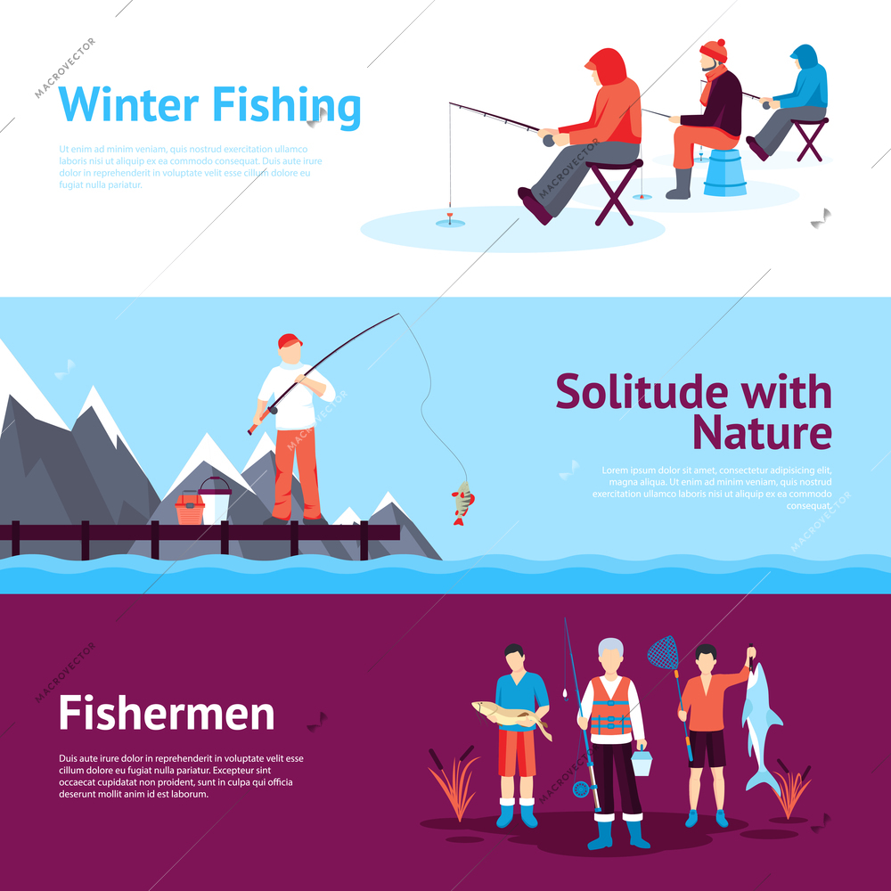 Solitude and nature outdoor activities 3 flat horizontal banners set with ice fishing abstract isolated vector illustration