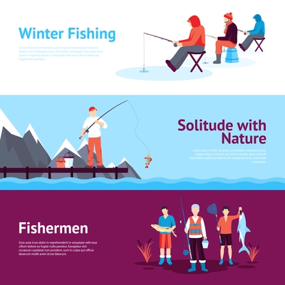 Solitude and nature outdoor activities 3 flat horizontal banners set with ice fishing abstract isolated vector illustration