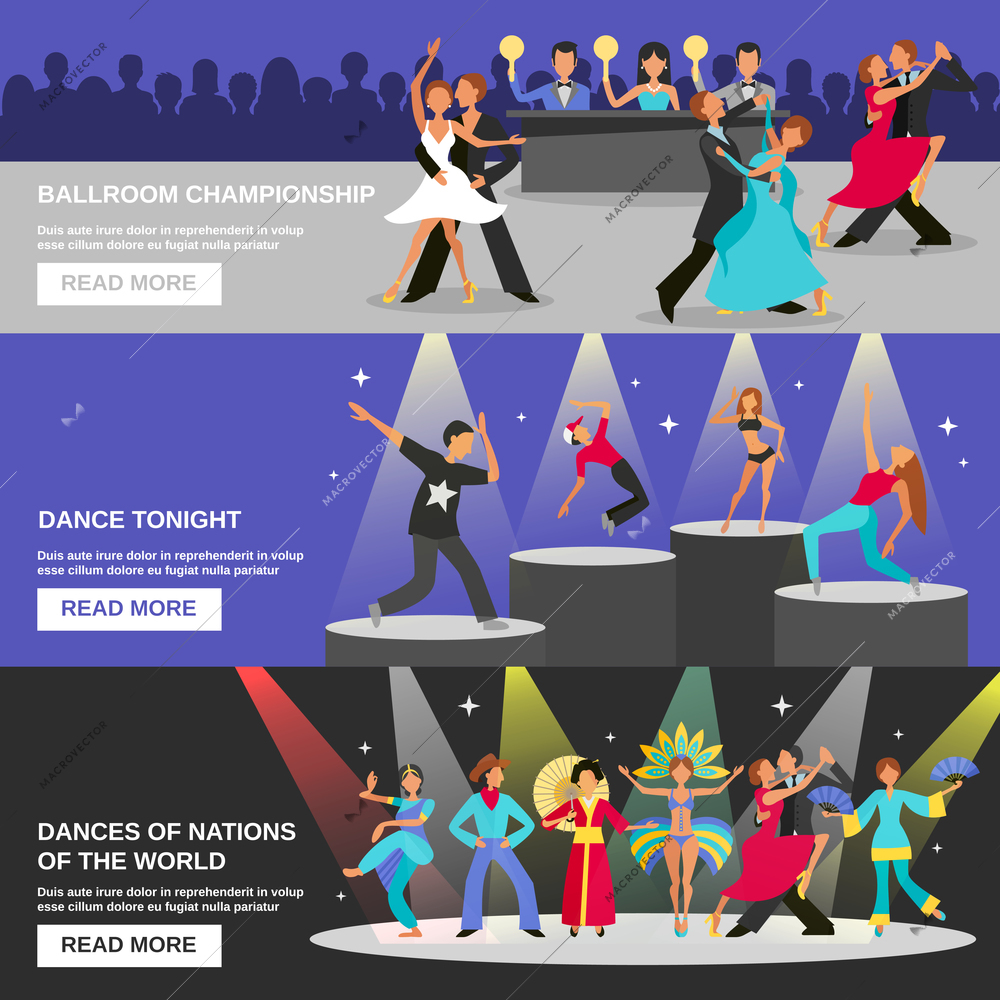 Color flat banners depicting different type of dance ballroom championship dance tonight national dance vector illustration