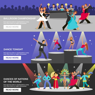 Color flat banners depicting different type of dance ballroom championship dance tonight national dance vector illustration