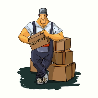 Strong delivery moving service working man with cardboard boxes print vector illustration