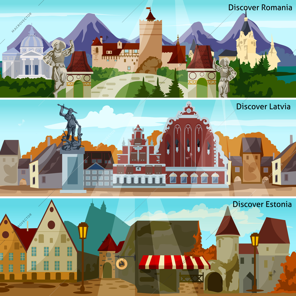 European Cityscapes Flat Concept. Europe And Sights Horizontal Banners. European Cities Vector Illustration. European Countries Isolated Set. European Cityscapes Design Symbols.