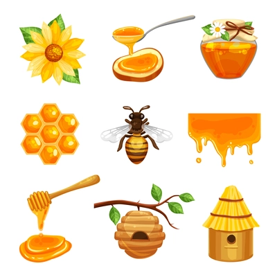 Honey isolated cartoon icon set with various elements of beekeeping and bee life vector illustration