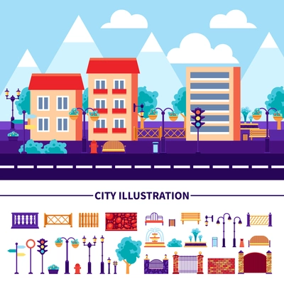 Set of decorative icons with different common objects and elements for city street construction vector illustration
