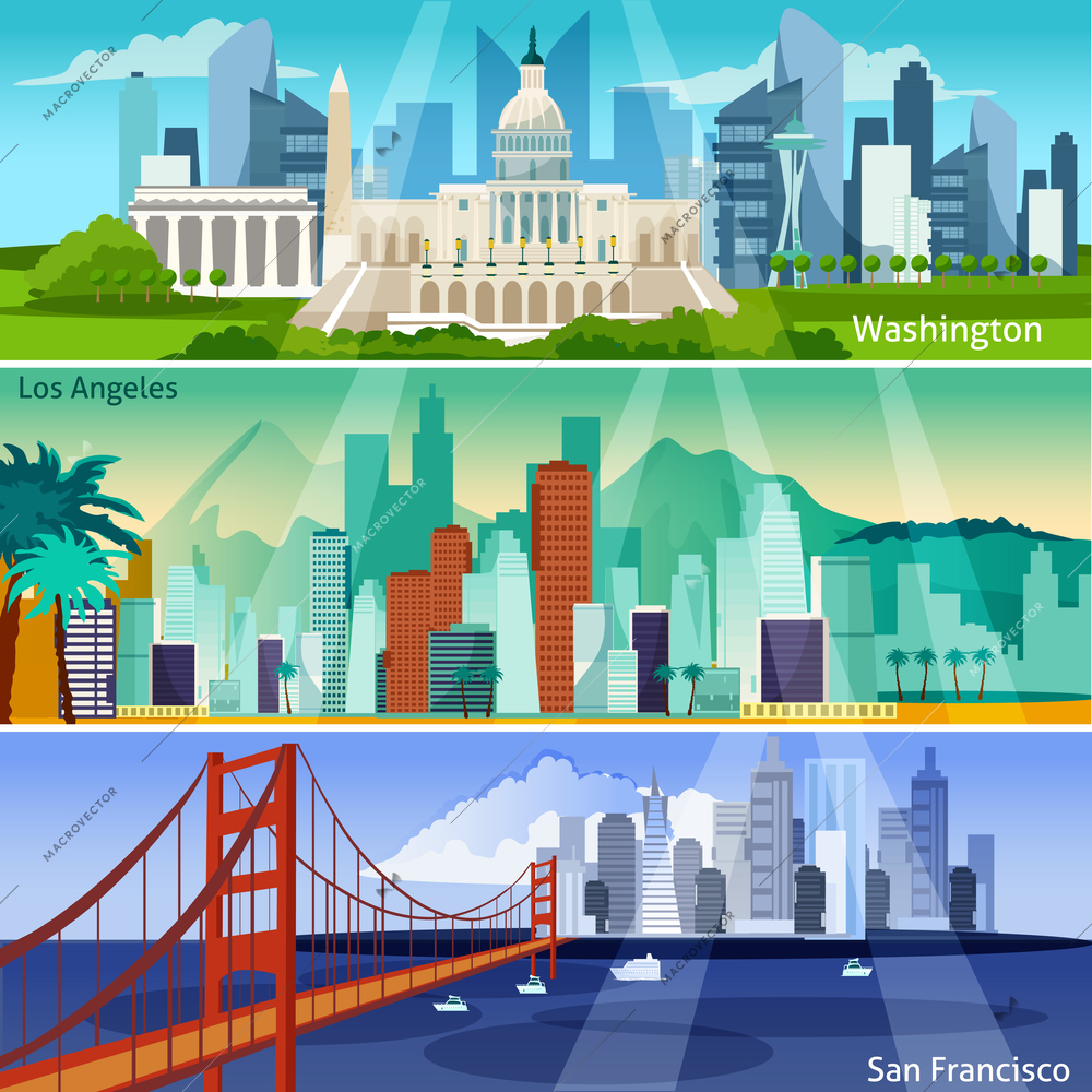 American Cityscapes Flat Concept. USA Sights Horizontal Banners. US Cities Vector Illustration. America And Cities Isolated Set. American Cityscapes Design Symbols.