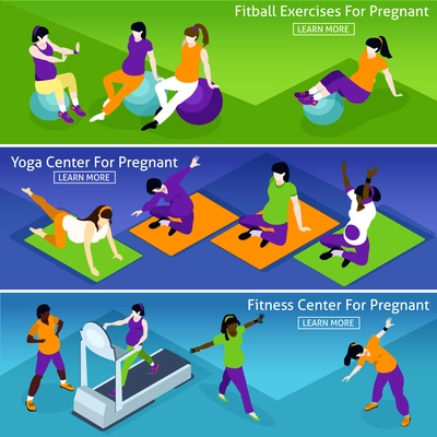 Pregnant Women Fitness Isometric Concept. Pregnant Women Fitness Horizontal Banners. Fitness Center For Pregnant Vector Illustration. Pregnant Women Fitness Isolated Set. Pregnant Women Fitness Design Symbols.