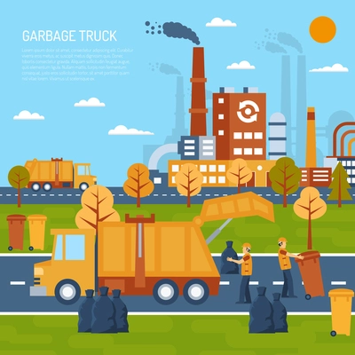 Garbage truck color illustration with title and information field vector illustration