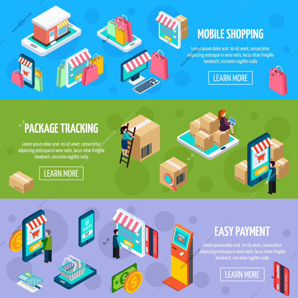 Mobile shopping isometric horizontal banners with payment and package tracking isometric isolated vector illustration