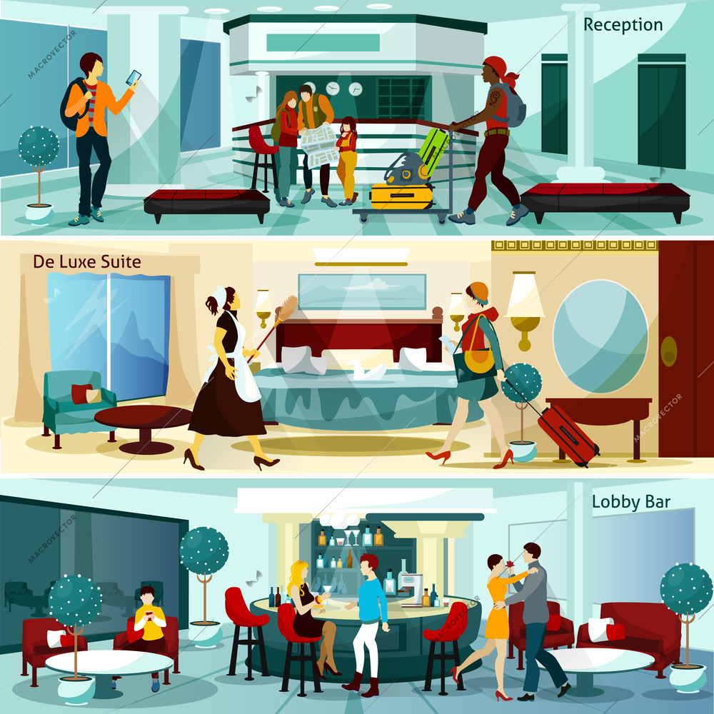 Hotel Interior And People Flat Concept. Hotel Interior Horizontal Banners. Hotel Interior Vector Illustration.Hotel Interior Compositions Isolated Set. Hotel Interior Design Symbols.