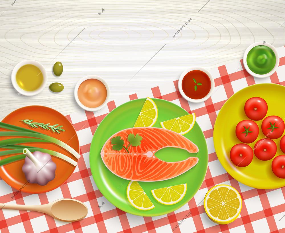 Flat lay cooking fish with tomatoes and lemon dish on checked tablecloth wood textured background vector illustration