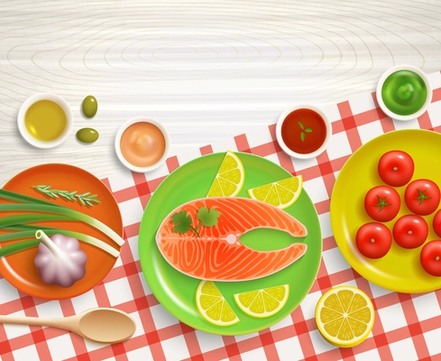 Flat lay cooking fish with tomatoes and lemon dish on checked tablecloth wood textured background vector illustration