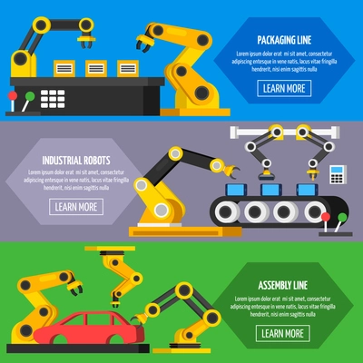 Industrial automation conveyor  robotic hands for manufacture orthogonal horizontal banners with packaging and assembly line flat isolated vector illustration