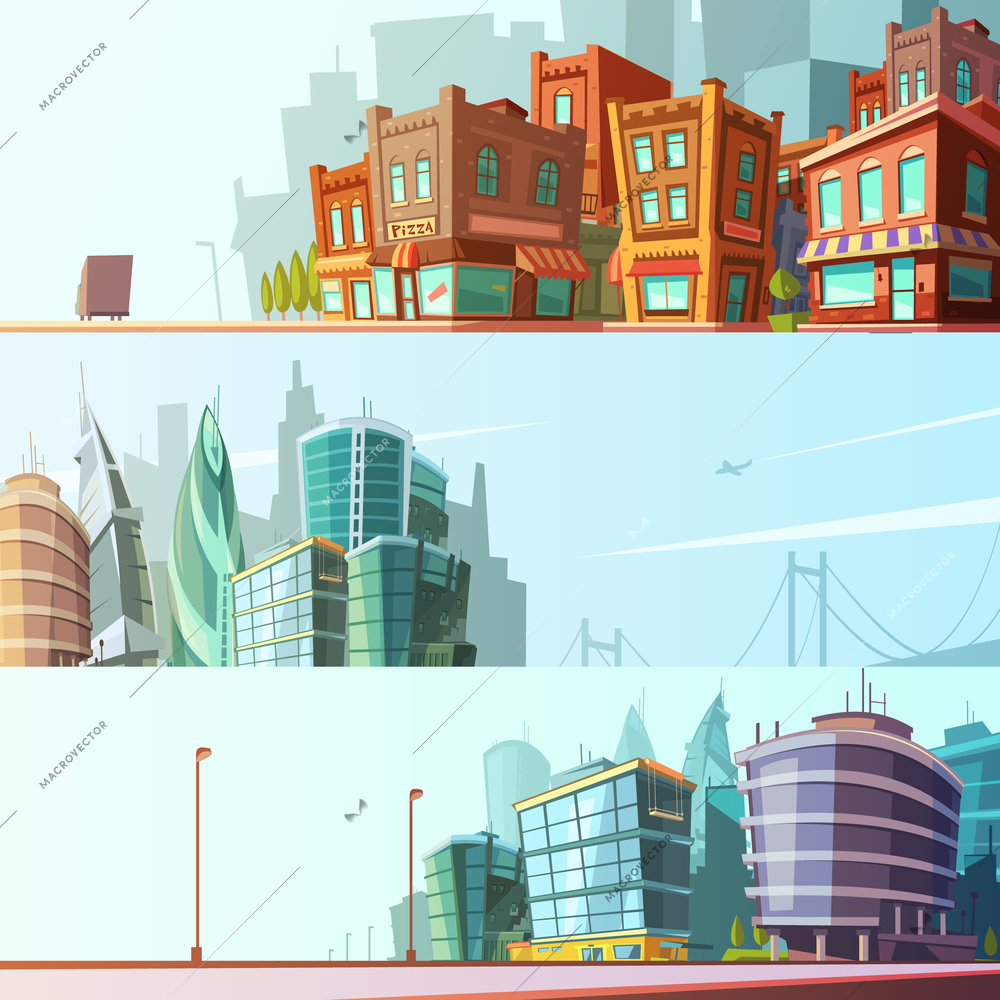 Modern and historical bay area street view day skyline 3 horizontal banners set cartoon isolated vector illustration