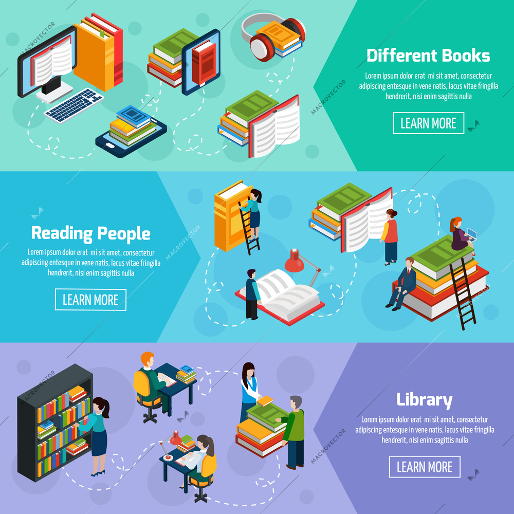 Library isometric horizontal banners with different books and reading people in fantasy style vector illustration