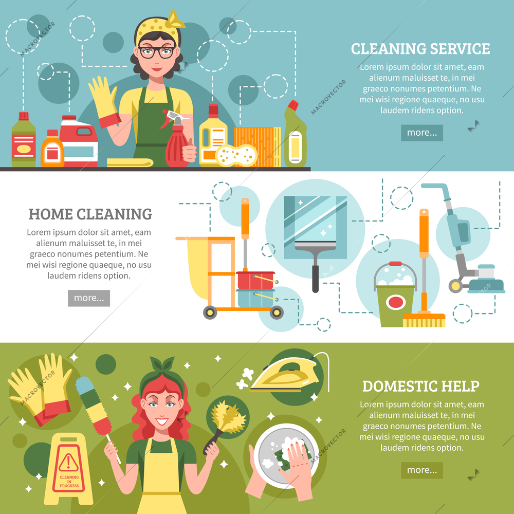 Three different banners on cleaning service theme with titles like cleaning service home cleaning and domestic help vector illustration